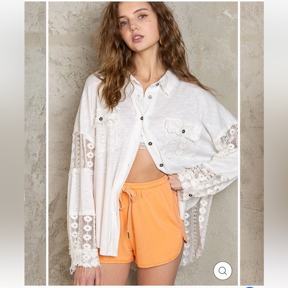 POL Tops - 214. NWOT POL White Button-Up Shirt with Lace Inserts and Accents